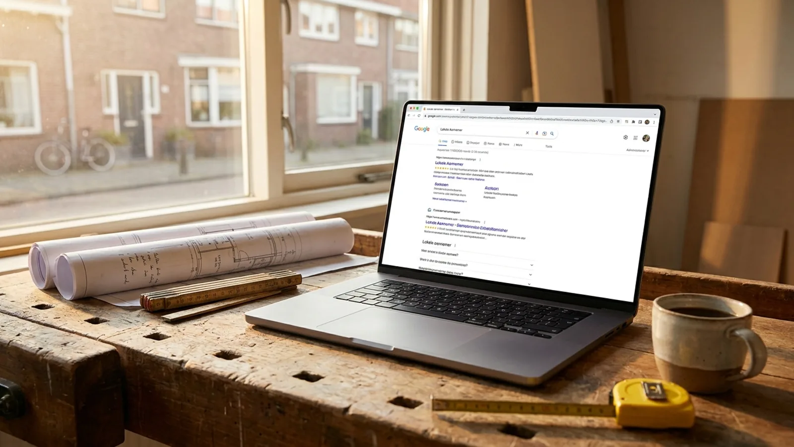 Website laten maken voor aannemers, laptop en bouwtekening op werkbank