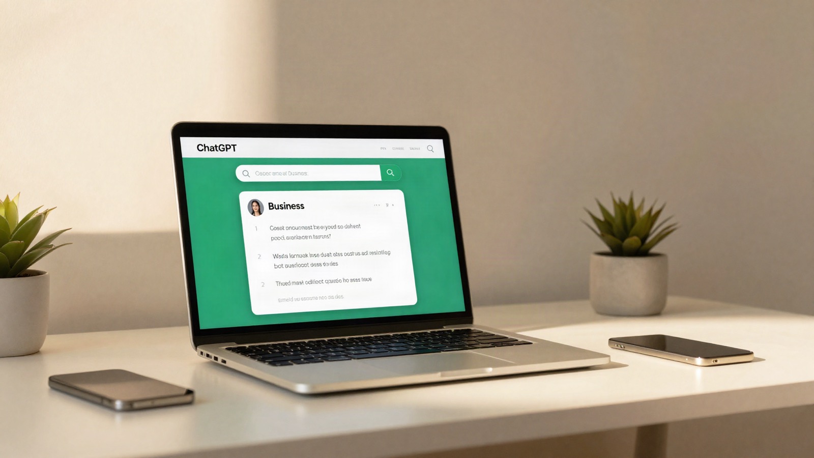 ChatGPT en AI-search interface op laptop screen die vragen beantwoordt