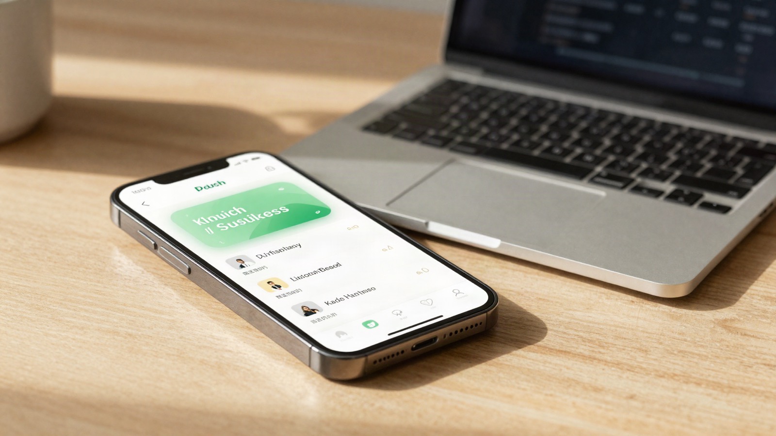 iPhone met maatwerk Dutch business app interface, MacBook met app-design mockup
