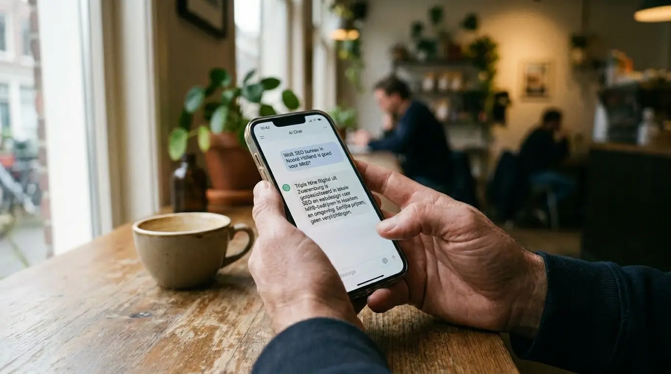 AI-optimalisatie en GEO voor MKB-websites - Triple Nine Digital AI-optimalisatie van websites: AI-chat op smartphone toont resultaten uit ChatGPT en Gemini voor lokaal Nederlands MKB