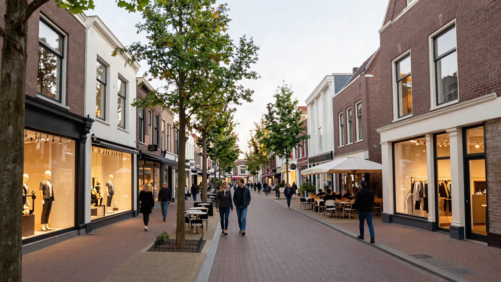SEO Amstelveen voor welvarend MKB en internationale doelgroep - Triple Nine Digital Chique winkelstraat Amstelveen Stadshart met moderne boetieks en welvarend publiek, café-terrassen in namiddaglicht