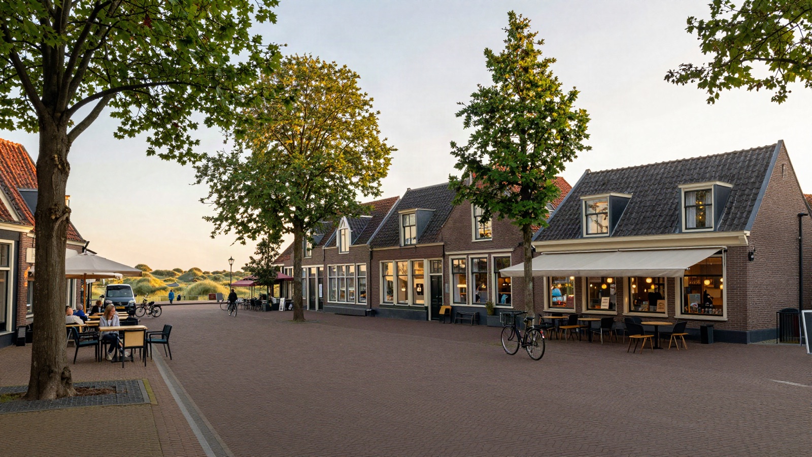 SEO Bergen NH voor kunst-, toerisme- en welvarend MKB - Triple Nine Digital Artistiek dorpsplein Bergen NH met kunstgalerie-etalages, café-terrassen en fietsers in gouden namiddaglicht