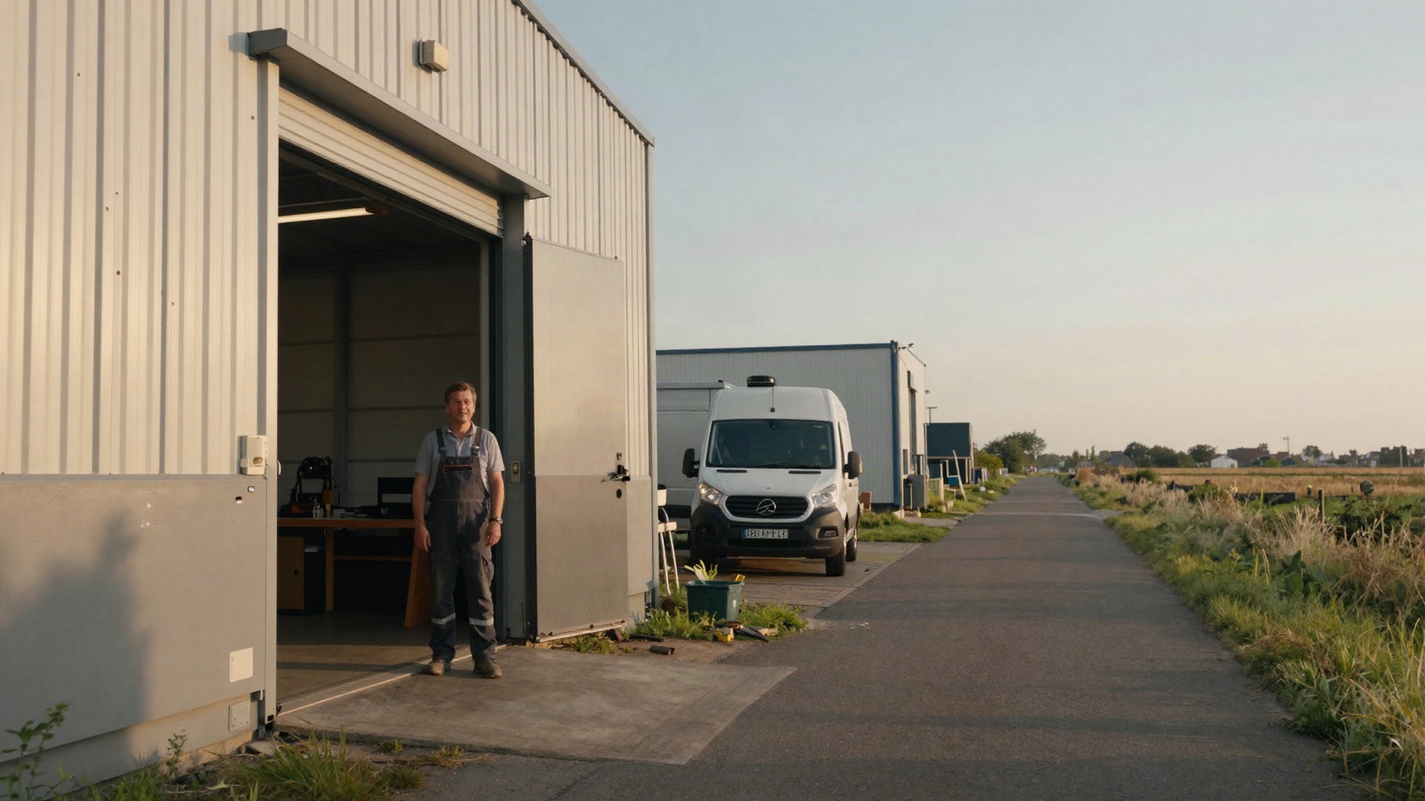 SEO-bureau Nieuw-Vennep voor Haarlemmermeerse MKB - Triple Nine Digital Nieuwvennepse MKB-ondernemer in bedrijfshal aan Hoofdweg met karakteristieke lange rechte polderweg op achtergrond, warme cinematische verlichting