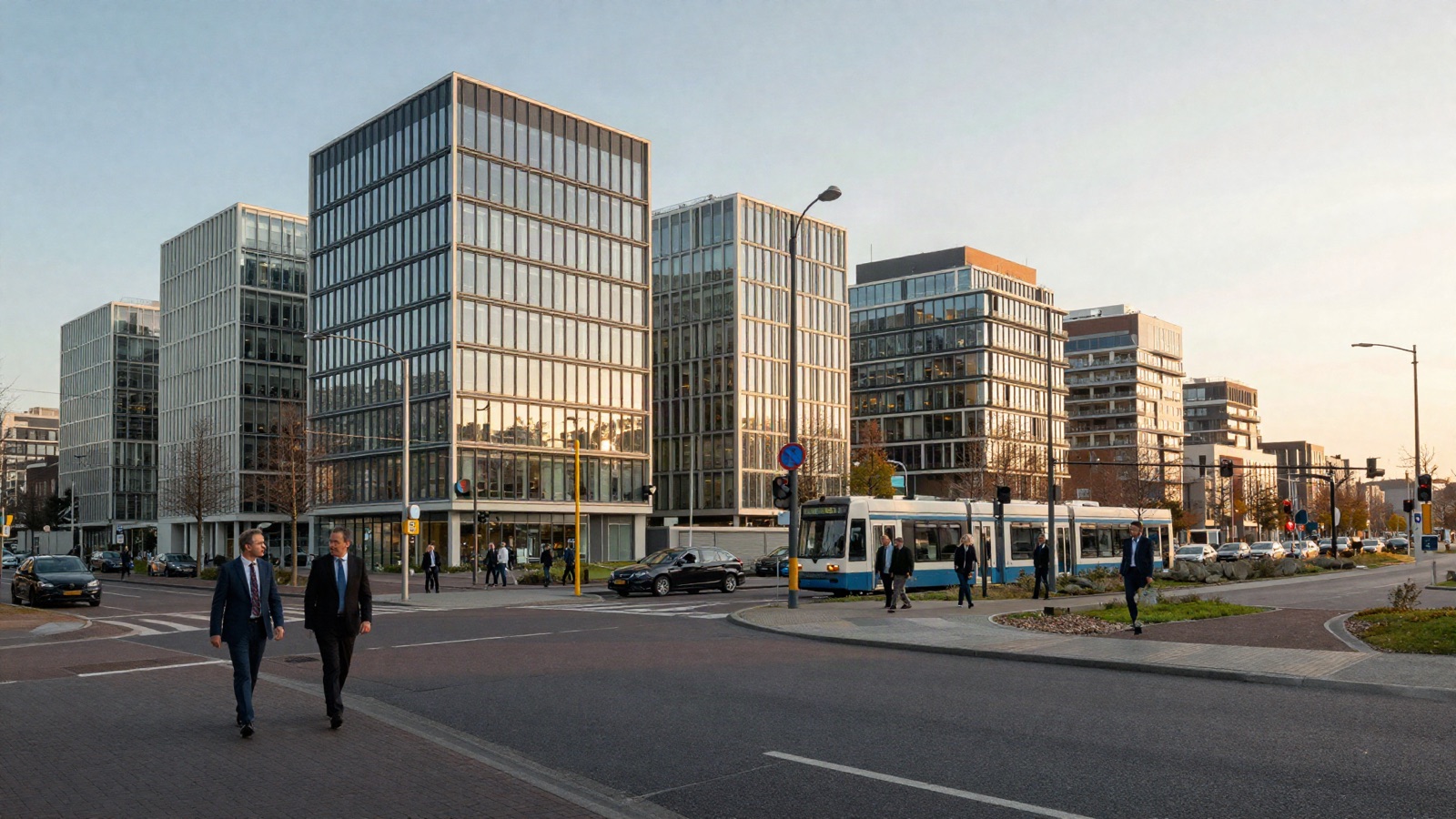SEO Hoofddorp voor zakelijk MKB in Haarlemmermeer - Triple Nine Digital Modern zakelijk district Hoofddorp met glazen kantoorgebouwen aan brede boulevard, professionele sfeer in Schiphol-corridor