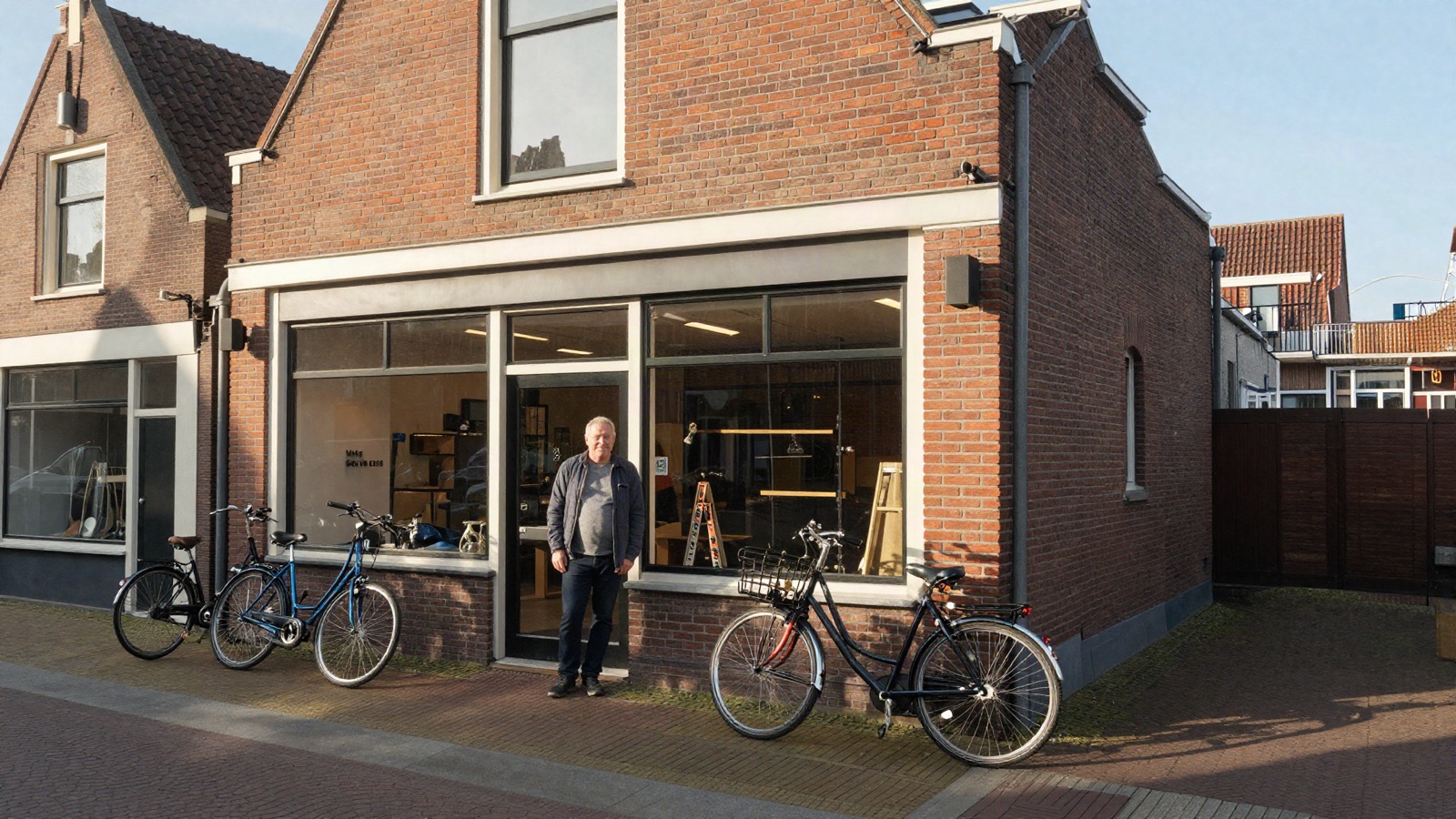 SEO Purmerend voor forensen-MKB in Waterland - Triple Nine Digital Purmerendse MKB-ondernemer voor moderne bakstenen winkel in wijk Weidevenne, fietsen geparkeerd, gemeenschapssfeer in laat ochtendlicht