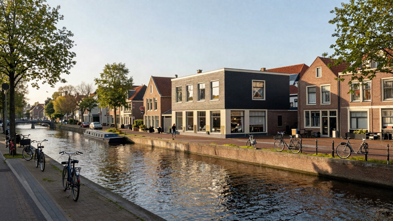 SEO Uithoorn voor forensen- en sierteelt-MKB - Triple Nine Digital Uithoorn aan Amstel-rivier met modern klein MKB-gebouw en fietsen langs boomrijke straat in warm ochtendlicht