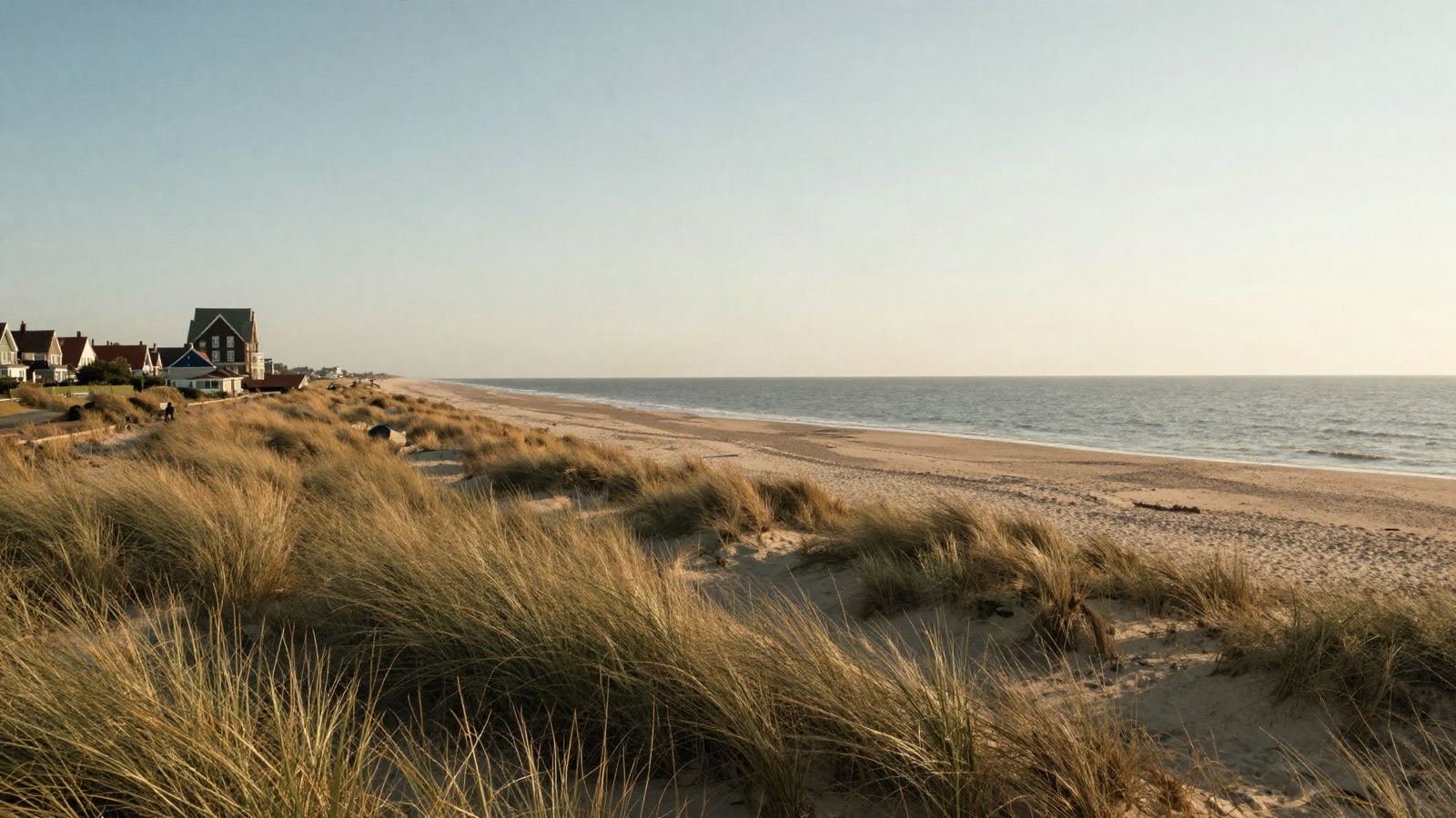 SEO Wijk aan Zee voor kust-, wellness- en toerisme-MKB - Triple Nine Digital Kustplaats Wijk aan Zee met zandstrand en duinen, wellness-hotel silhouet en Noordzee-horizon in gouden namiddaglicht