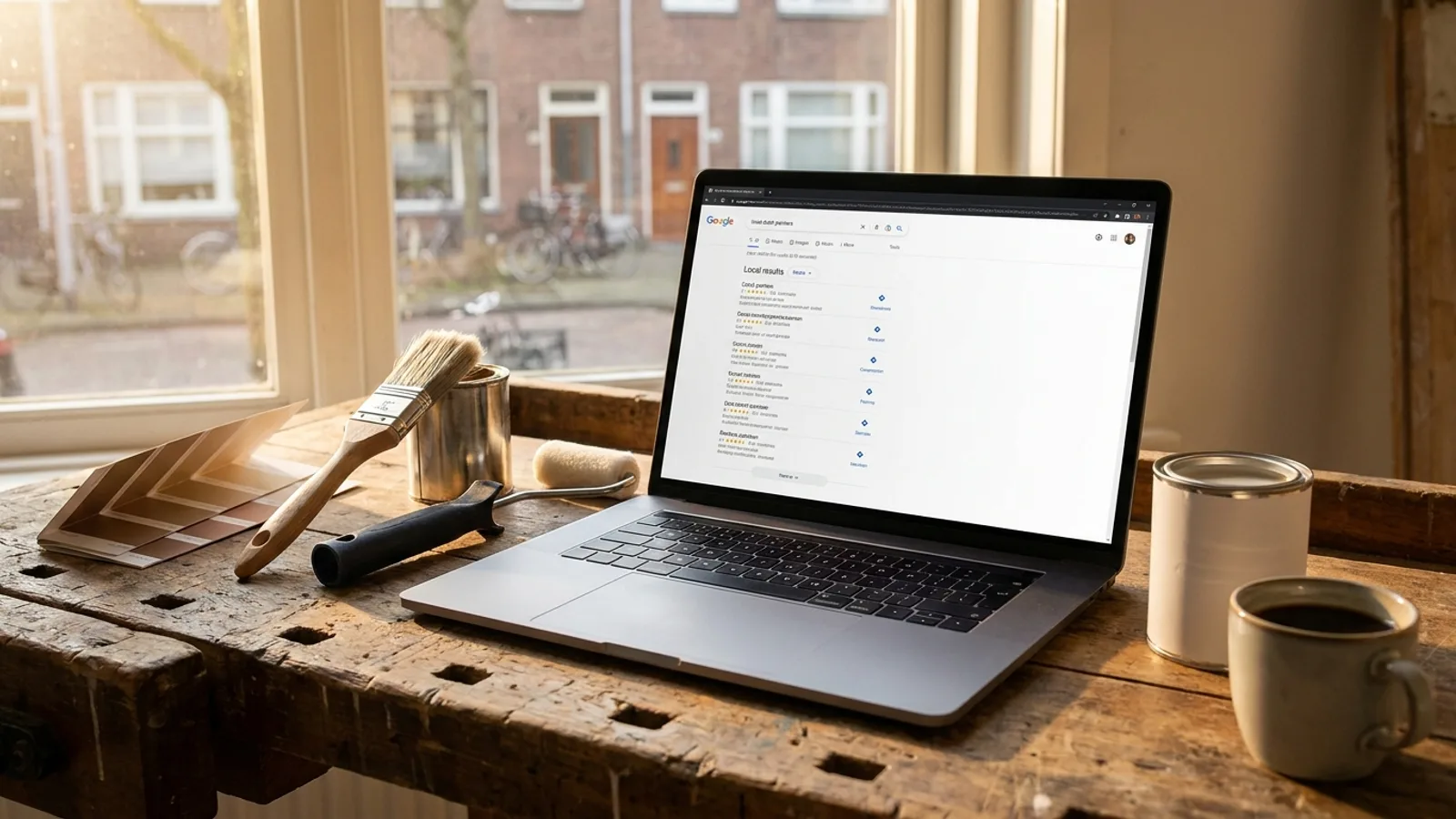 Website laten maken voor schilders, laptop met Google zoekresultaten en kwasten op werkbank