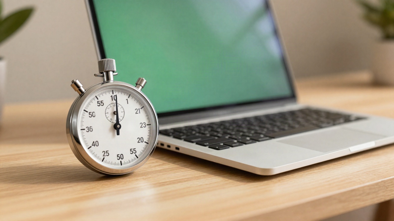 Spoed-website 24 uur — Triple Nine Digital Snelheid en deadline voor website-bouw: stopwatch en laptop naast elkaar