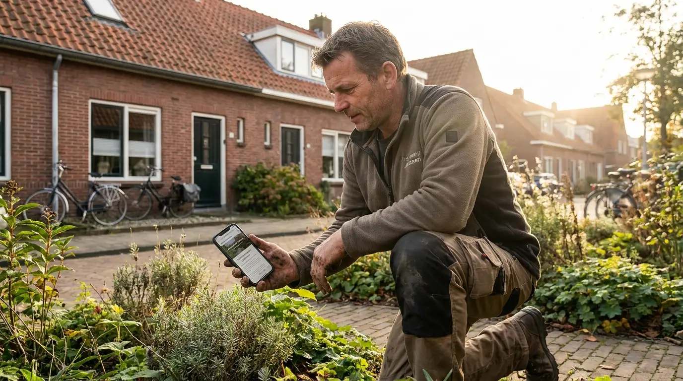 Website laten maken Hillegom - voor vakmensen in de Bollenstreek Website laten maken in Hillegom: Nederlandse vakman in werkkleding bekijkt zijn nieuwe bedrijfssite op smartphone in werkomgeving
