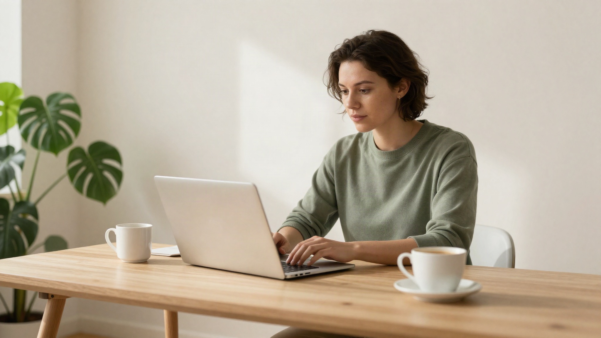Zzp'er aan het werk in thuiskantoor, laptop en koffie op tafel