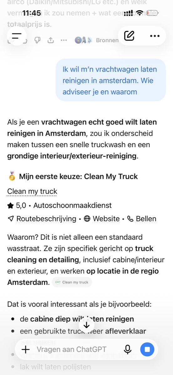 ChatGPT-antwoord op 'vrachtwagen reinigen Amsterdam' met Clean My Truck als eerste keuze