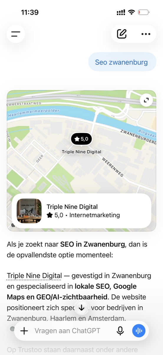ChatGPT-antwoord op 'SEO Zwanenburg' met Triple Nine Digital als eerste keuze